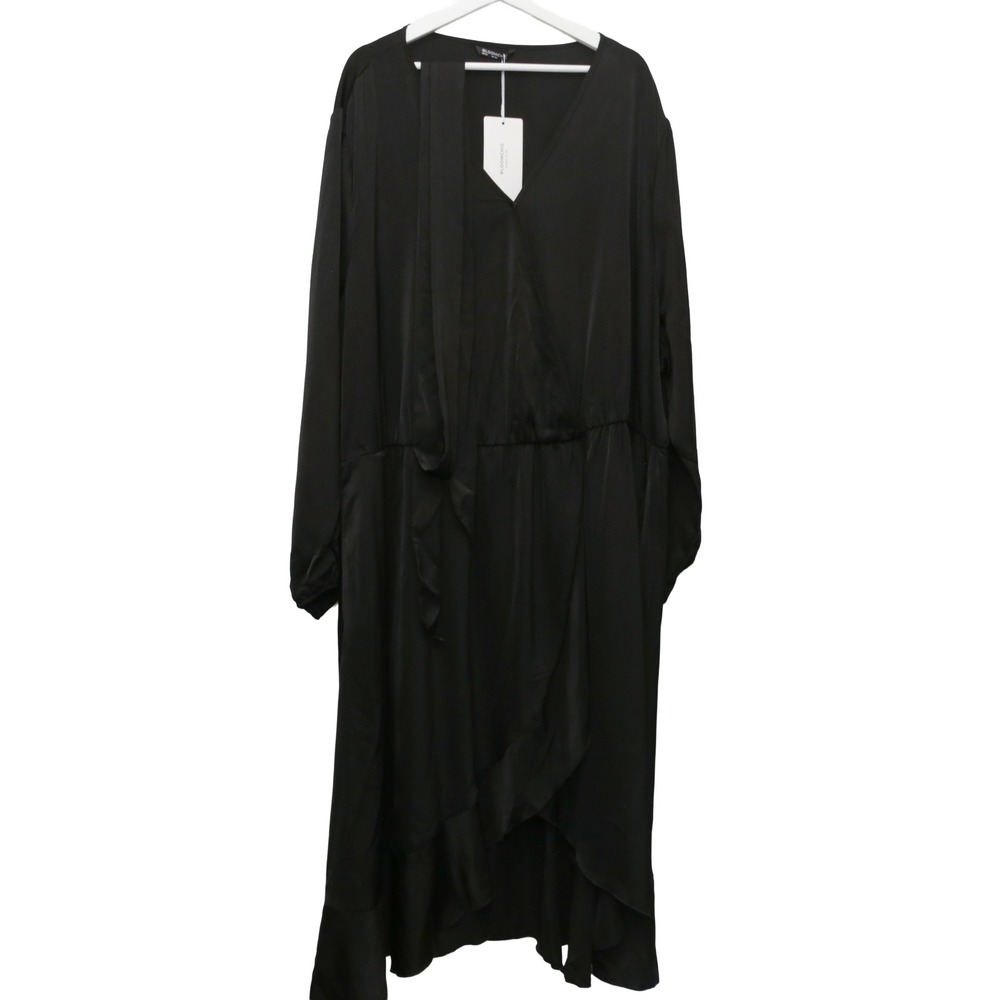 BloomChic Faux Wrap Dress Womens 30 Black Ruffle High-Low Long Sleeve Pockets
